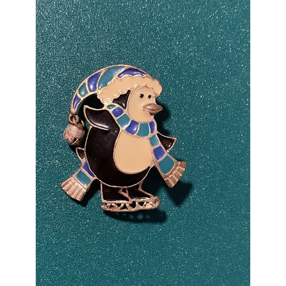 VTG Penguin Skates Brooch Multicolored Enamel Winter/Christmas Season Excellent